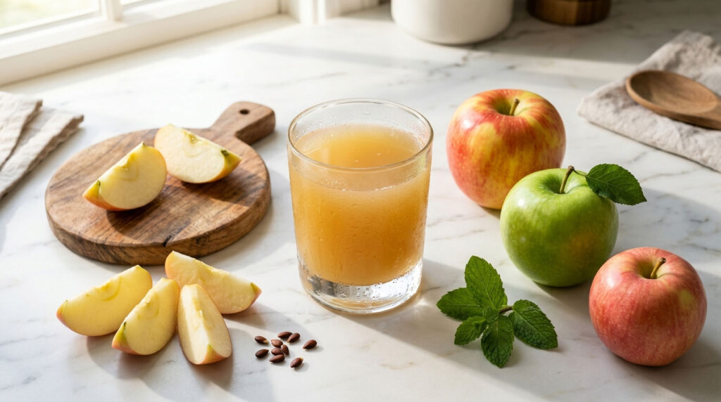 A glass of apple juice sits beside fresh apples and apple slices on a marble countertop.