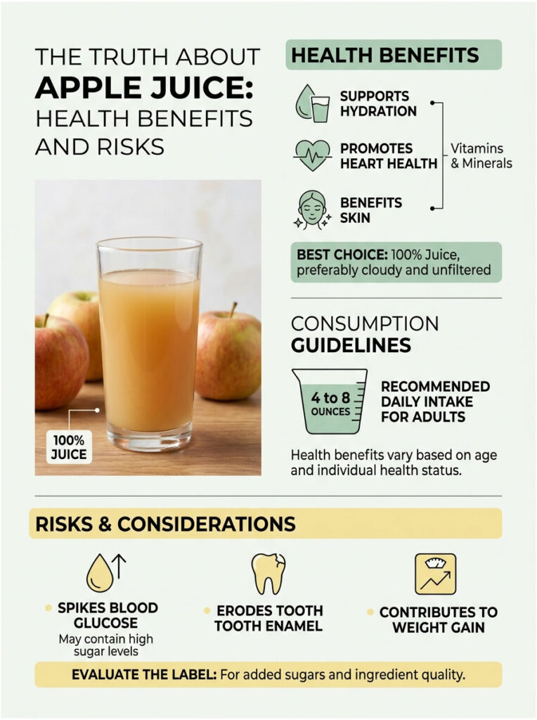 Infographic showing health benefits and risks of apple juice, featuring a glass of juice and apples.