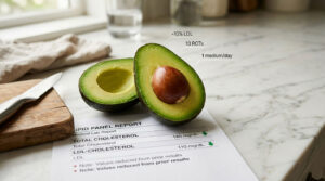 A halved avocado sits on a marble countertop next to a knife and a medical lab report detailing cholesterol levels.