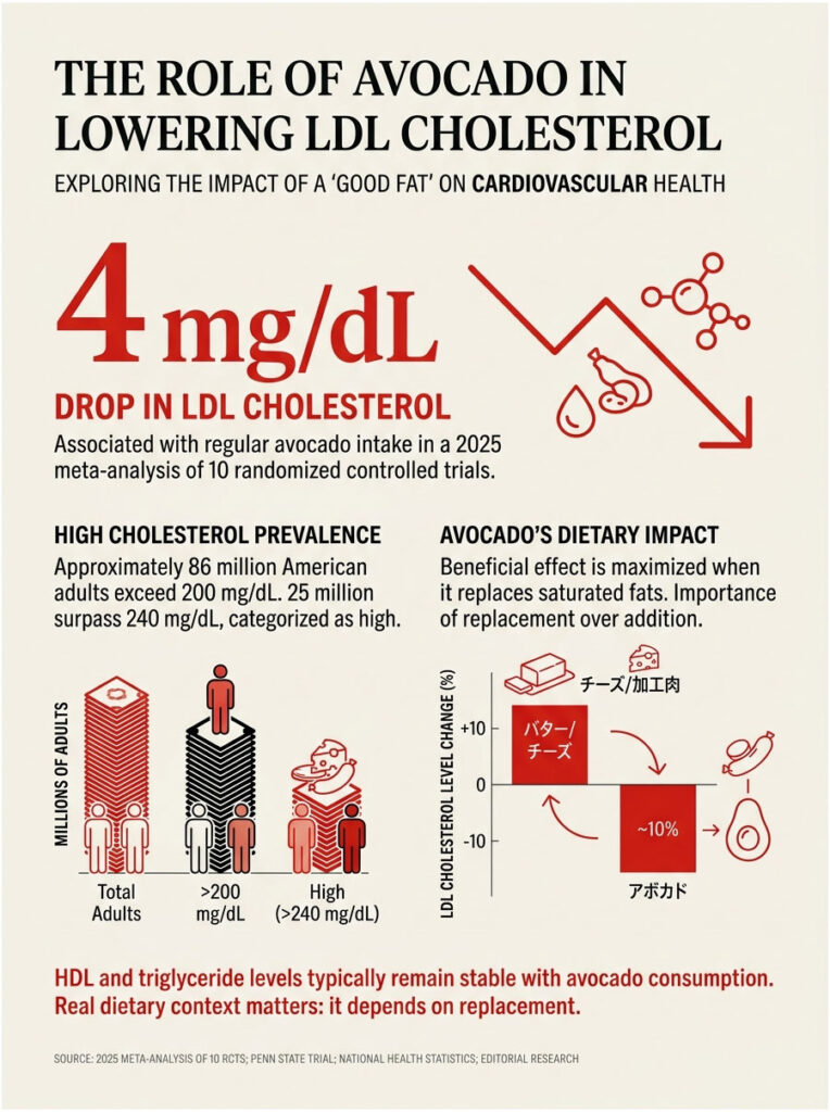 Infographic showing the role of avocado in lowering LDL cholesterol, with statistics and dietary impact details.