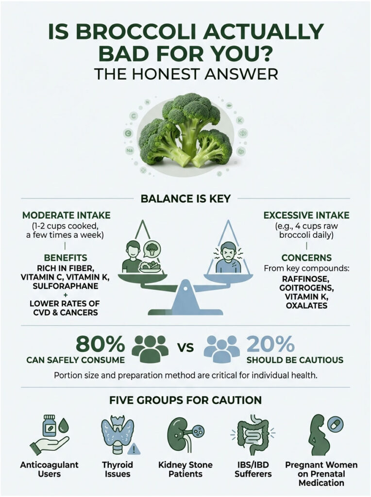 Infographic explaining broccoli's health effects, showing benefits, concerns, and groups for caution with illustrations.