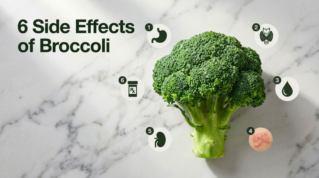 Fresh green broccoli on a marble surface with side effects icons around it.
