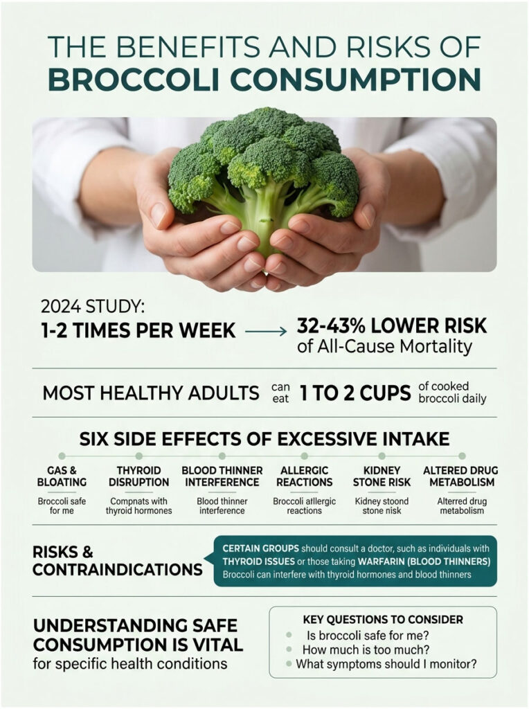 Infographic showing benefits and risks of broccoli consumption, including statistics and side effects.