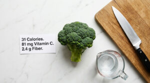 Fresh broccoli sits on a marble surface with a knife and measuring cup nearby, displaying nutritional information.