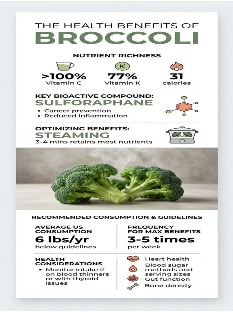 Infographic showing health benefits of broccoli, including nutrient richness, key compounds, and consumption guidelines.