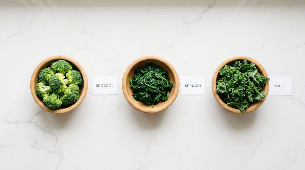 Three wooden bowls contain broccoli, spinach, and kale on a marble countertop with labels beside each bowl.
