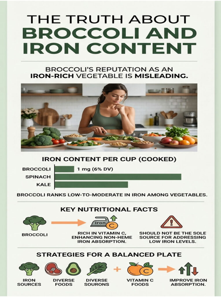 Infographic showing broccoli's iron content, nutritional facts, and strategies for a balanced diet with visuals of vegetables.