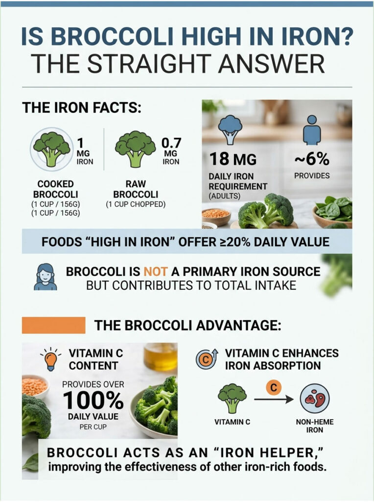Infographic showing iron content in cooked and raw broccoli, daily iron requirements, and vitamin C benefits.