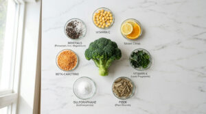 Fresh broccoli surrounded by bowls of nutrients like vitamins, minerals, and sliced citrus on a marble surface.