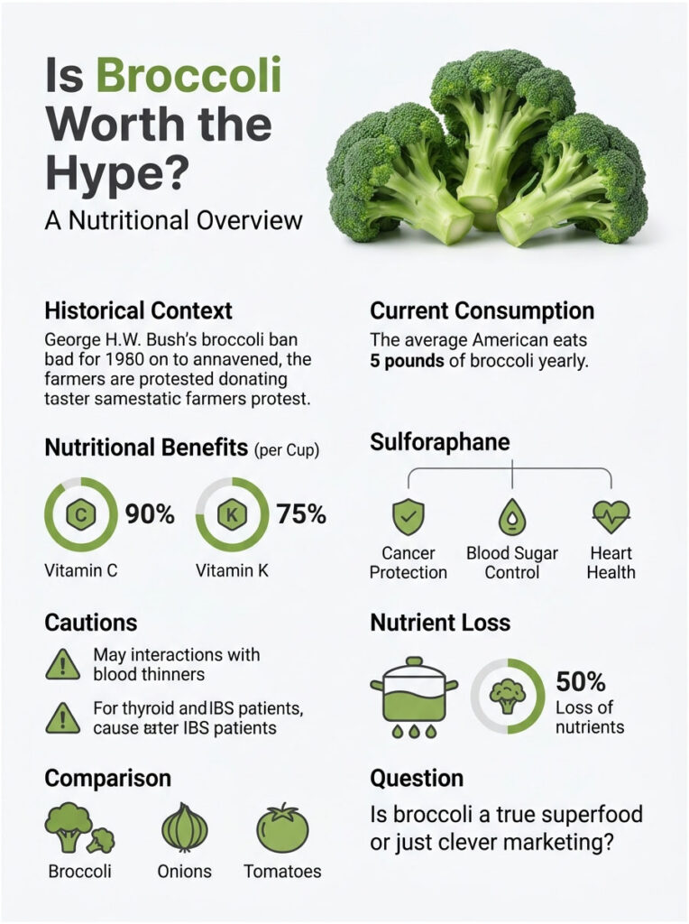 Infographic showing broccoli's nutritional benefits, historical context, and health impacts with icons and graphs.