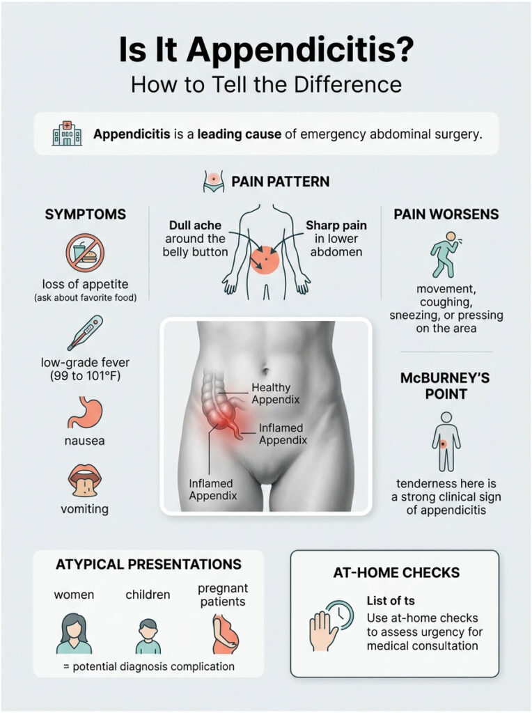 Infographic explaining appendicitis symptoms, pain patterns, and at-home checks for urgency assessment.