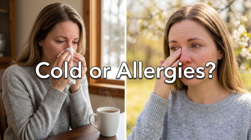Woman with tissue in hand shows symptoms of cold or allergies indoors and outdoors.