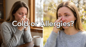 Woman with tissue in hand shows symptoms of cold or allergies indoors and outdoors.