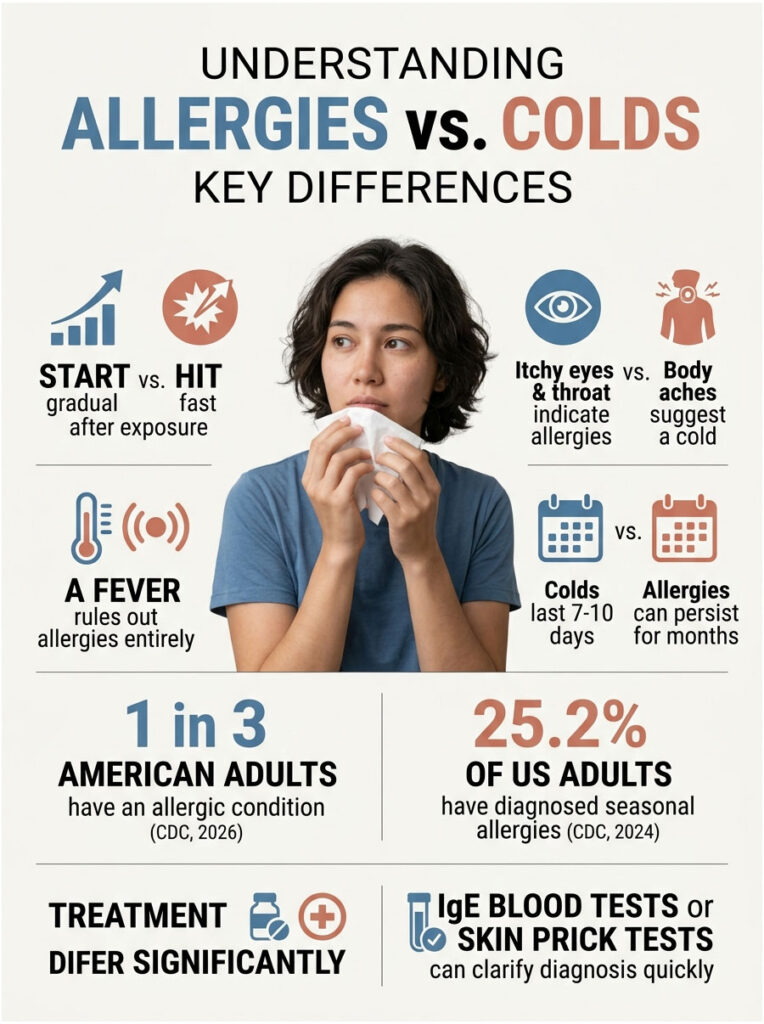 Infographic comparing allergies and colds with key differences, statistics, and a woman holding a tissue.