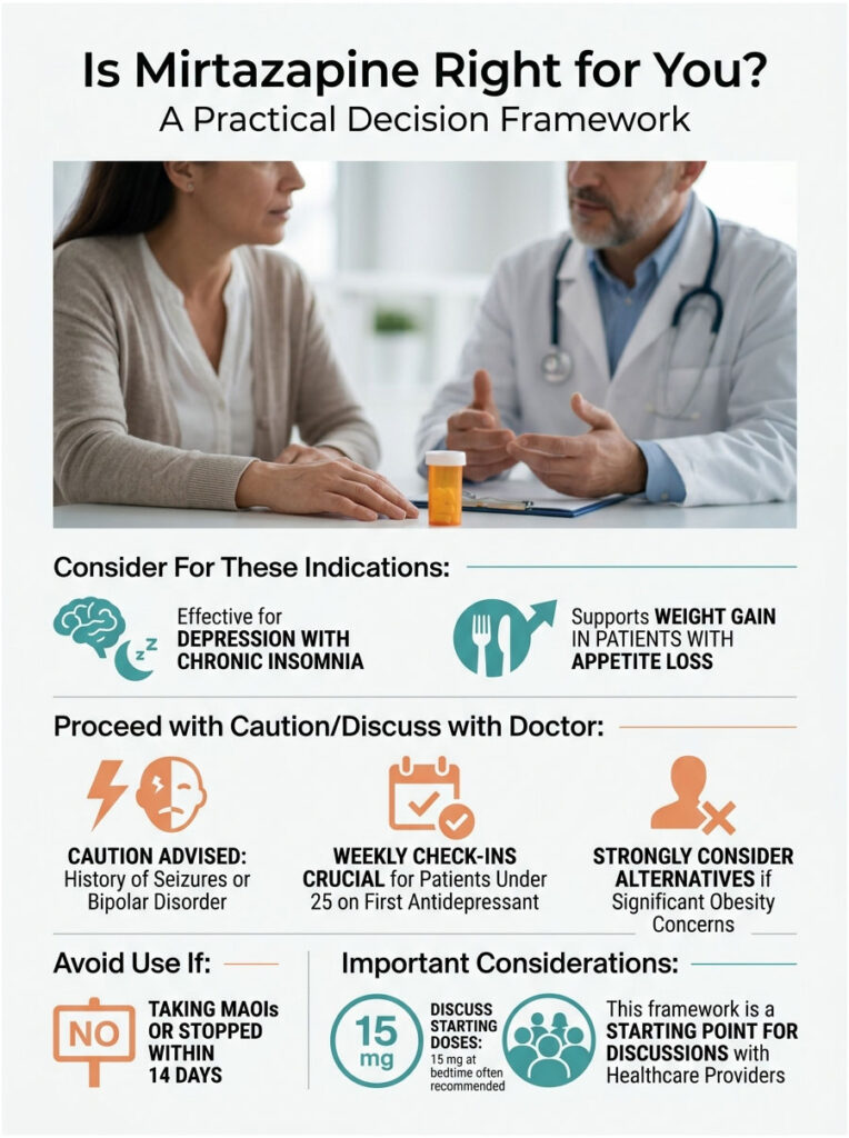 Infographic detailing Mirtazapine considerations for depression, including indications and precautions.