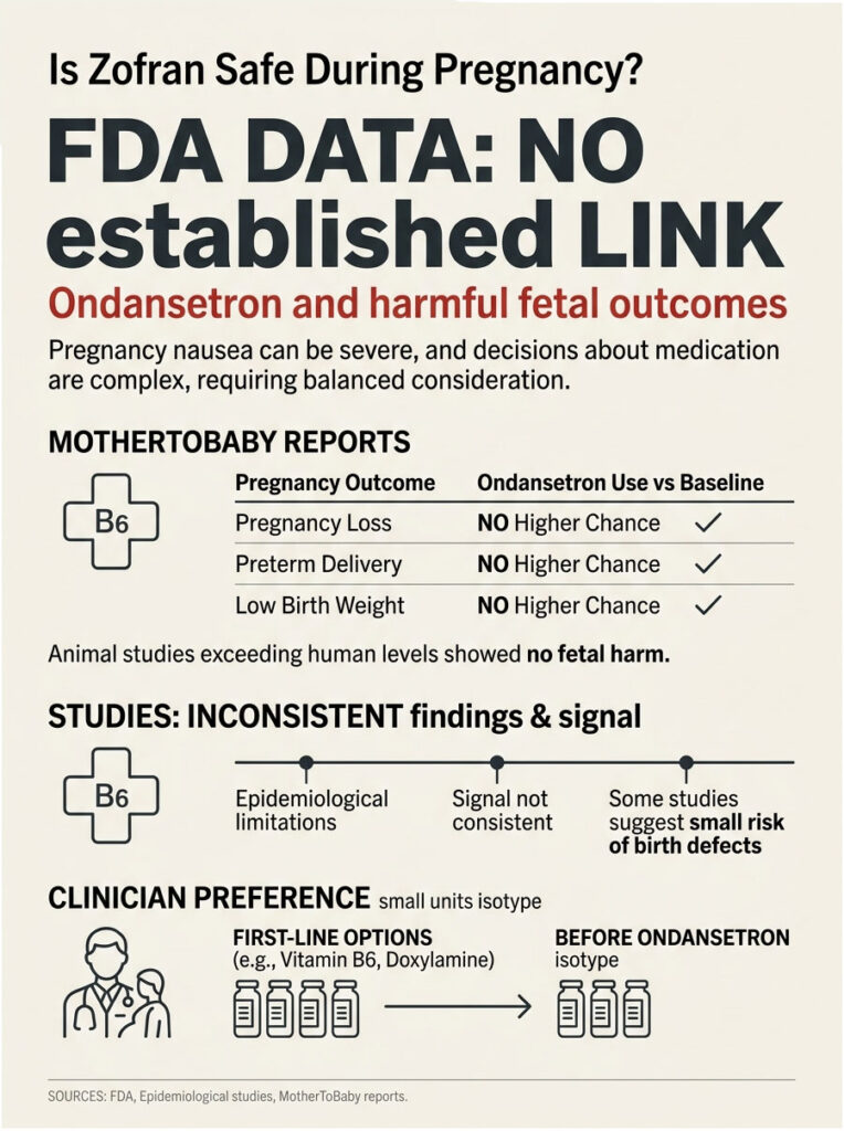 Infographic showing FDA data on ondansetron safety during pregnancy, including outcomes and clinician preferences.
