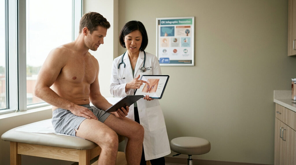 A doctor explains medical information to a shirtless male patient using a tablet in a clinical setting.