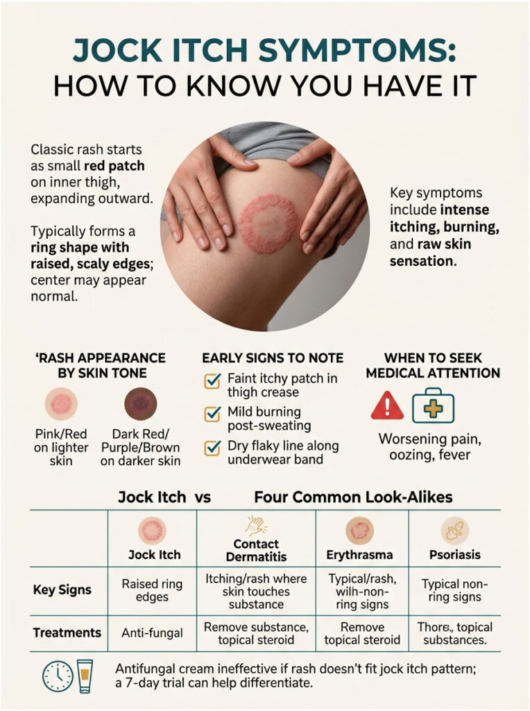 Infographic showing jock itch symptoms, rash appearances, early signs, and comparisons with look-alikes.