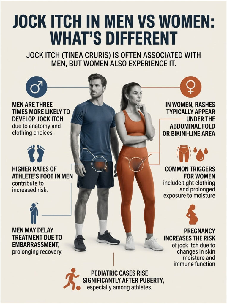 Infographic comparing jock itch in men and women, detailing symptoms, risks, and triggers with illustrations and text.