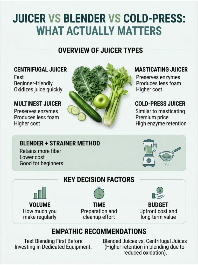 Comparison of juicer types with icons, charts, and key decision factors in an infographic format.
