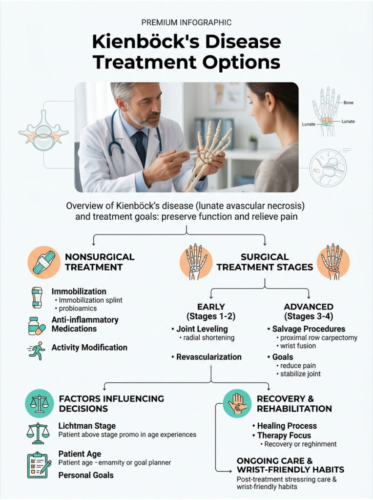 Doctor discusses Kienböck's disease treatment options with a patient, showing charts and treatment stages in an infographic.