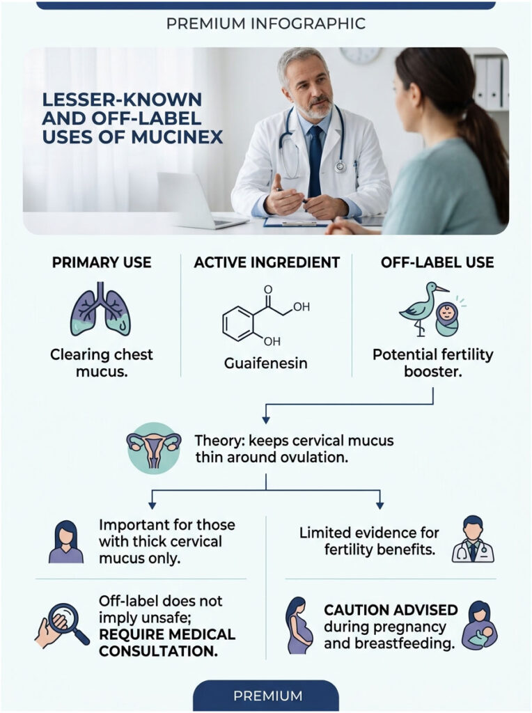 Infographic detailing Mucinex uses, including primary use, active ingredient, and off-label fertility benefits.