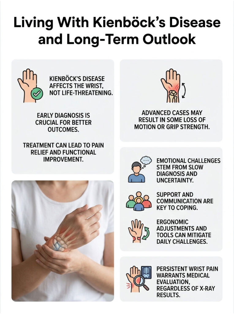 Infographic on Kienböck's Disease with wrist illustrations, key points on diagnosis, treatment, and emotional challenges.