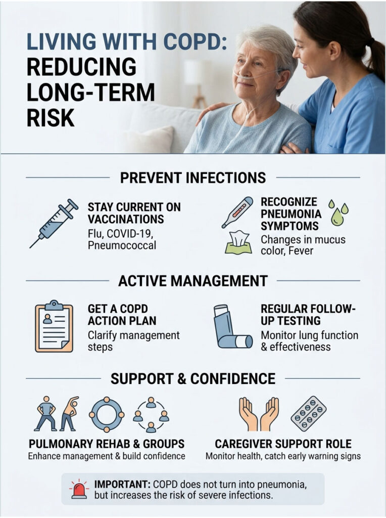 Infographic on living with COPD, detailing infection prevention, management, and support strategies.