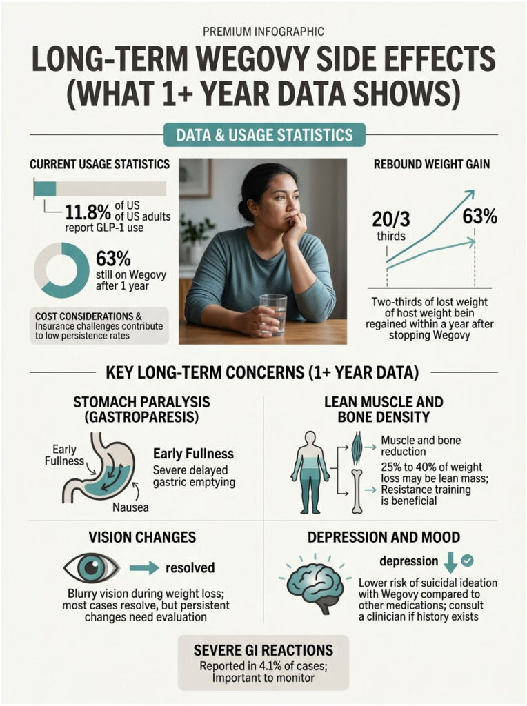 Infographic showing long-term Wegovy side effects, usage statistics, and key concerns with illustrations and data points.