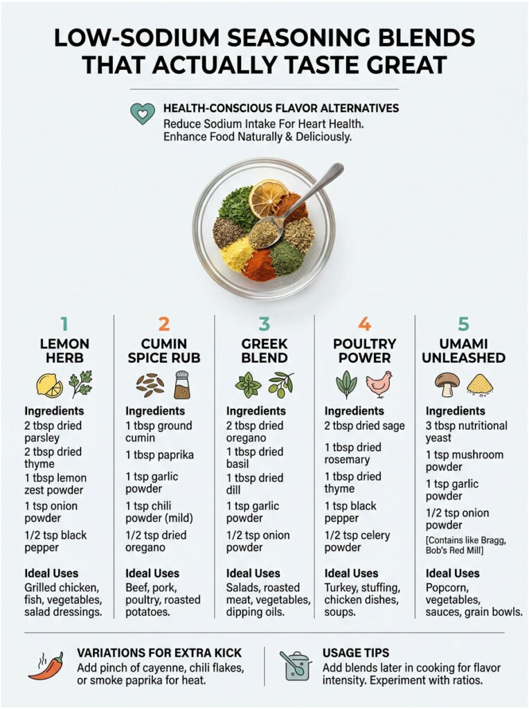 Infographic showing low-sodium seasoning blends with ingredients and ideal uses for each blend.