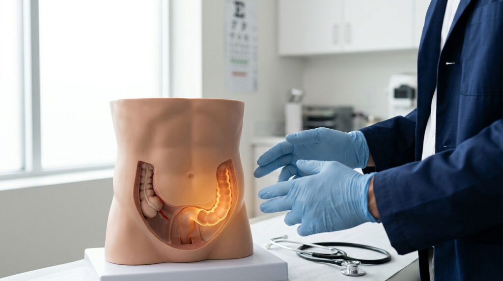 A medical professional in blue gloves examines a detailed anatomical model of the human digestive system.