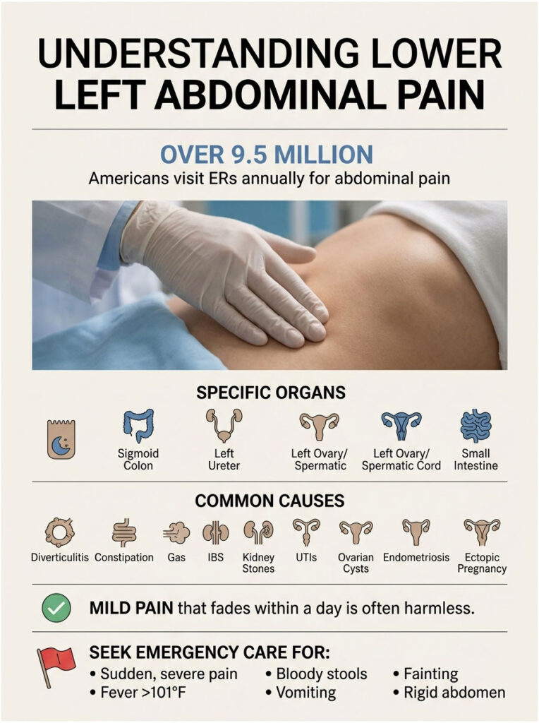 Infographic explaining lower left abdominal pain causes, symptoms, and emergency care guidelines.