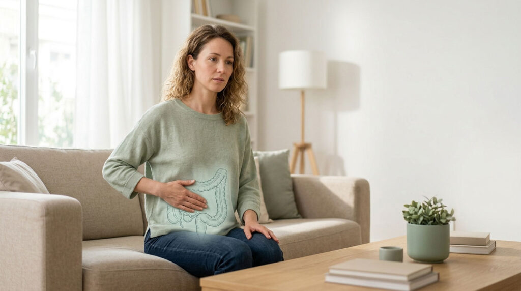 A woman sits on a couch, holding her stomach, looking concerned in a bright living room.