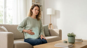 A woman sits on a couch, holding her stomach, looking concerned in a bright living room.