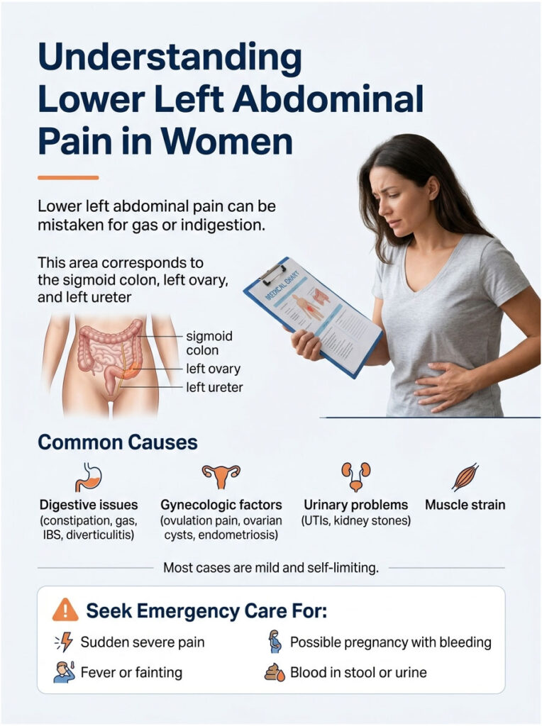 Infographic explaining lower left abdominal pain in women, showing anatomy and common causes like digestive issues and muscle strain.