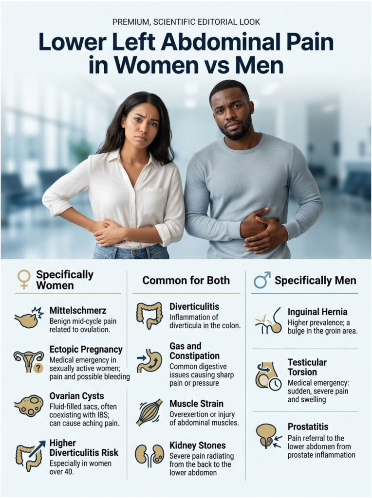Infographic comparing lower left abdominal pain causes in women and men, featuring icons and detailed descriptions.