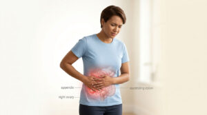 A woman in a blue shirt holds her abdomen, indicating pain, with highlighted internal organs labeled nearby.