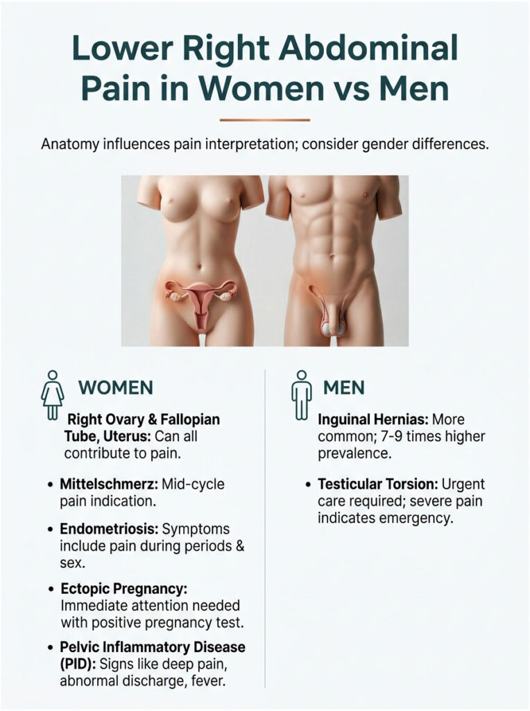 Infographic comparing lower right abdominal pain causes in women and men, detailing specific conditions and symptoms.