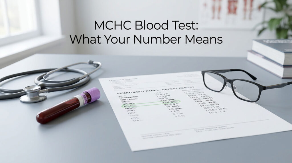 A blood test report on a table with a stethoscope and glasses nearby.