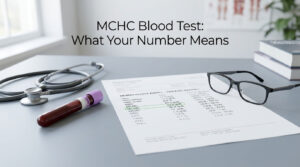 A blood test report on a table with a stethoscope and glasses nearby.