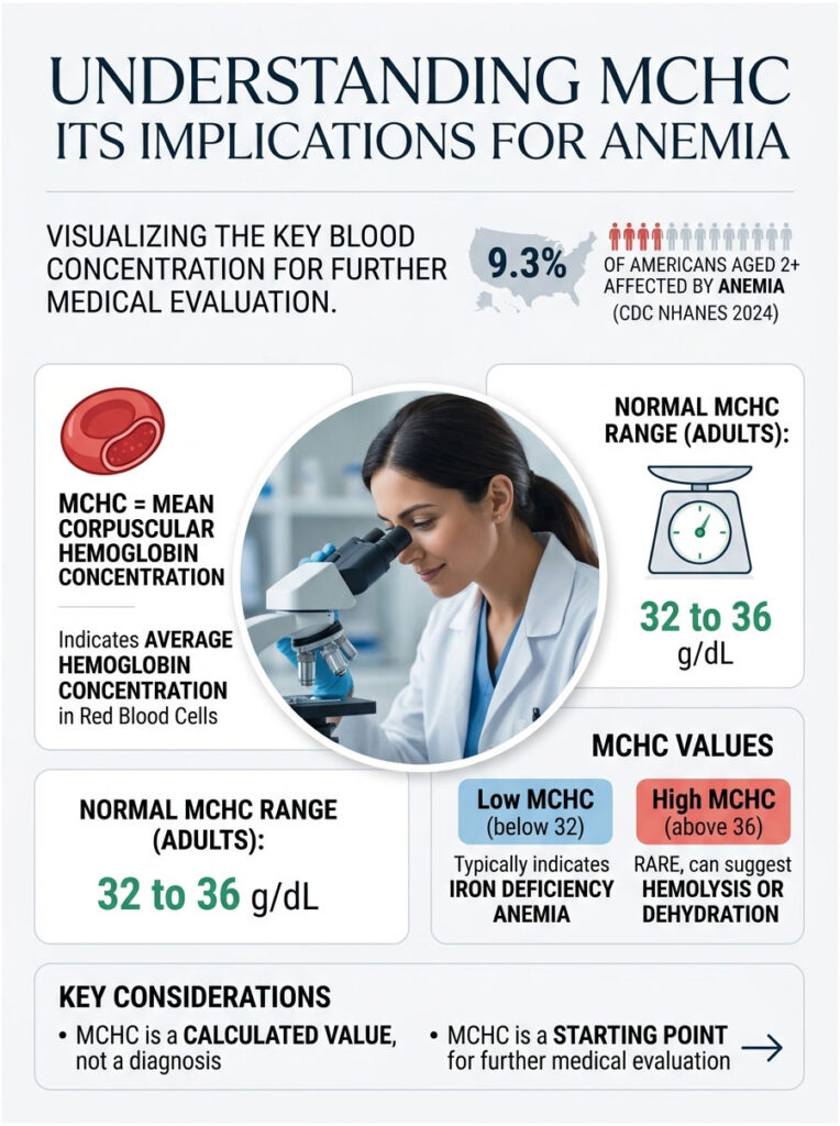 Infographic explaining MCHC and its implications for anemia, featuring charts and a medical professional with a microscope.