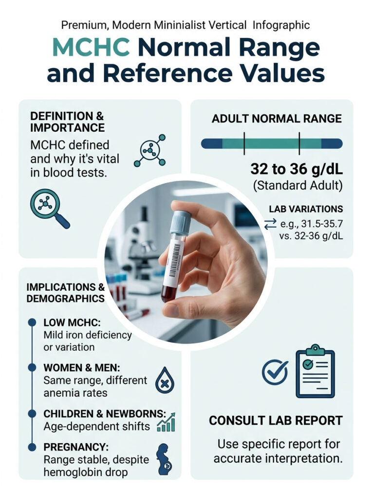 Infographic showing MCHC normal range, definitions, implications, and lab variations with a blood sample image.