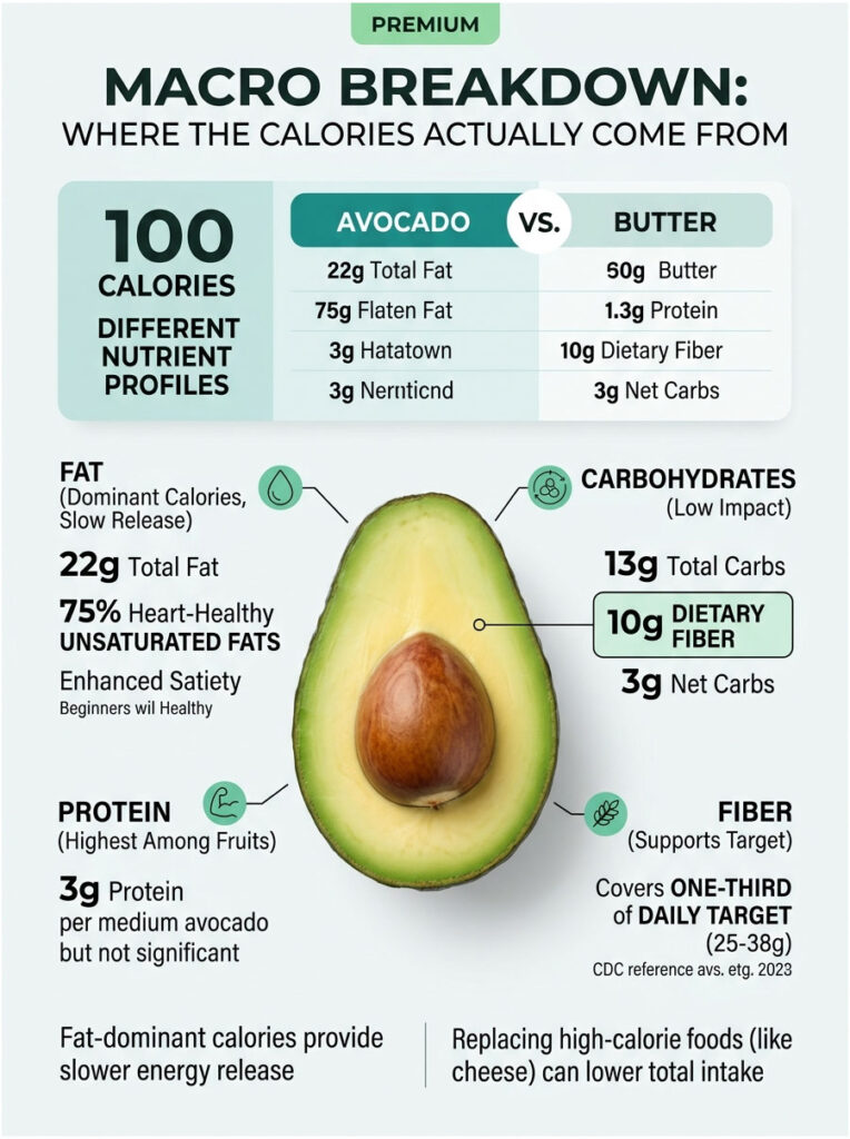 Infographic comparing nutritional profiles of avocado and butter with detailed macro breakdowns and icons.