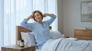 A woman in blue pajamas stretches in bed, smiling, with a glass of water and a bottle on the bedside table.