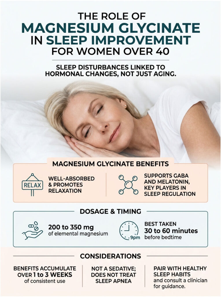 Infographic on magnesium glycinate benefits for sleep improvement in women over 40, featuring dosage and timing details.
