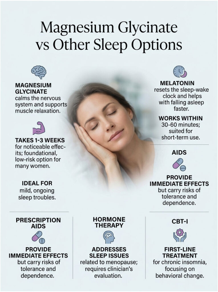 Infographic comparing Magnesium Glycinate and other sleep options, detailing effects, timeframes, and ideal uses.