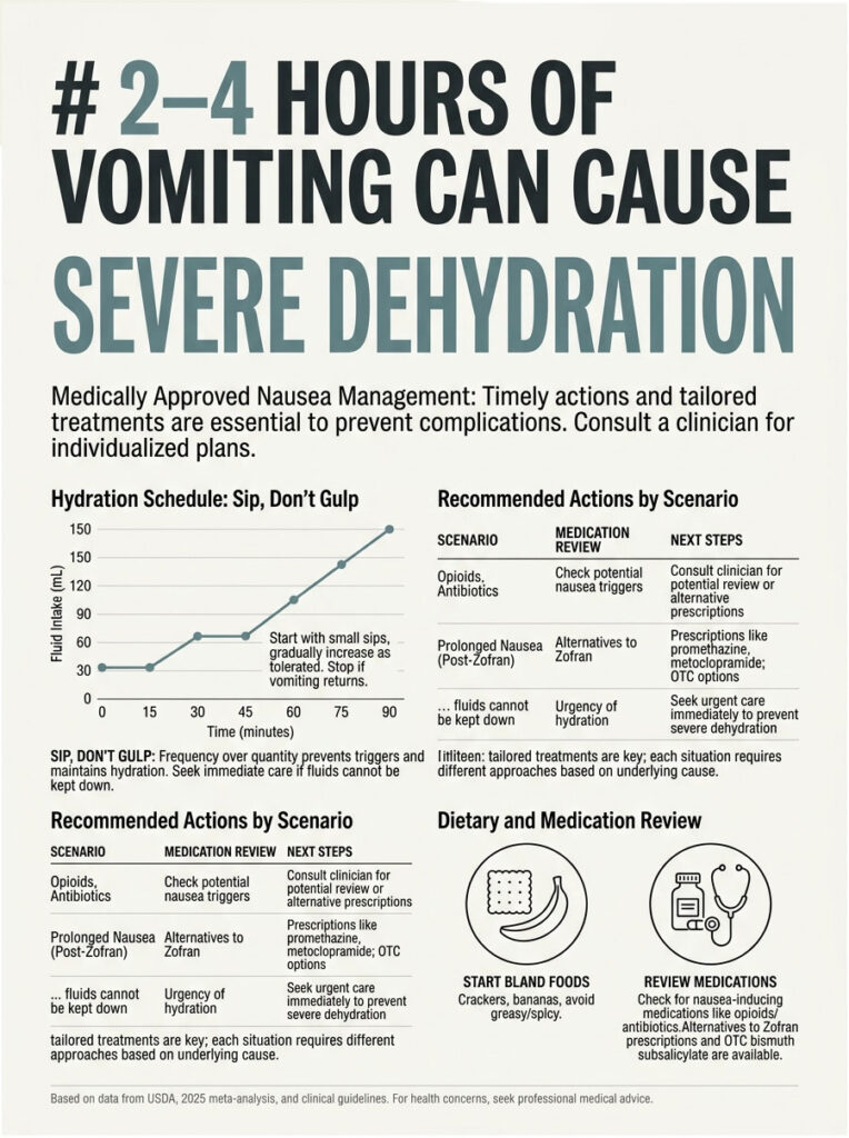 Infographic detailing hydration schedule and actions for severe dehydration management after vomiting.