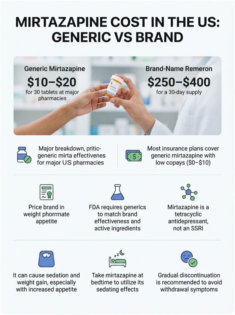 Infographic comparing mirtazapine costs: generic $10-$20 vs brand Remeron $250-$400, with key data points and icons.