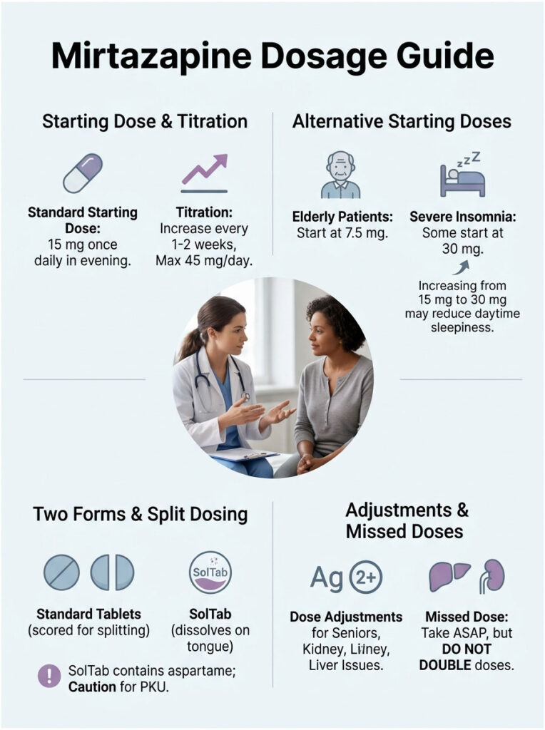 Mirtazapine dosage guide with starting doses, titration, and adjustments, featuring icons and patient images. Infographic.