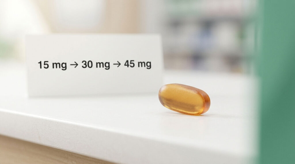A brown gelatin capsule rests on a white surface next to a sign showing dosage increments of 15 mg, 30 mg, and 45 mg.